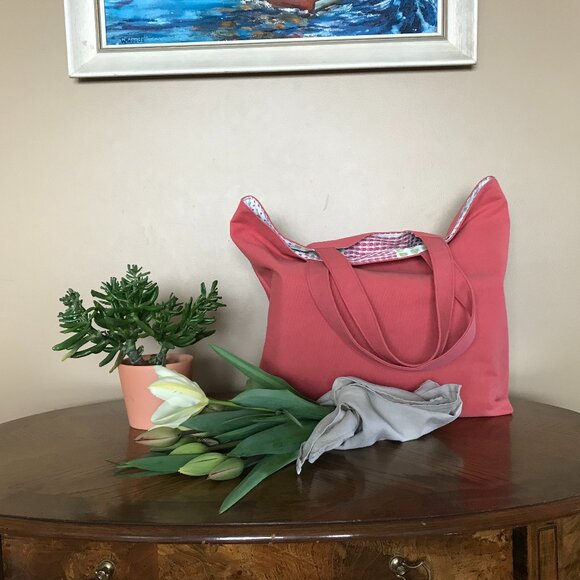 Handmade Women's Coral Canvas Tote Bag, Market Tote Bag, Beach Tote Bag - Picture 2 of 8